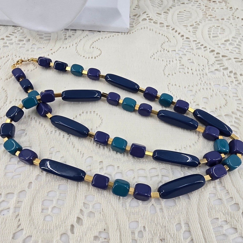 Vintage Trifari Beaded Necklace Navy Blue Teal Gold Tone Spacers 30 Inch